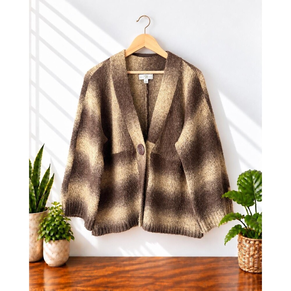 Vintage 90s Y2K Grunge Cardigan Brown Olive Green Striped Oversized Sweater PL